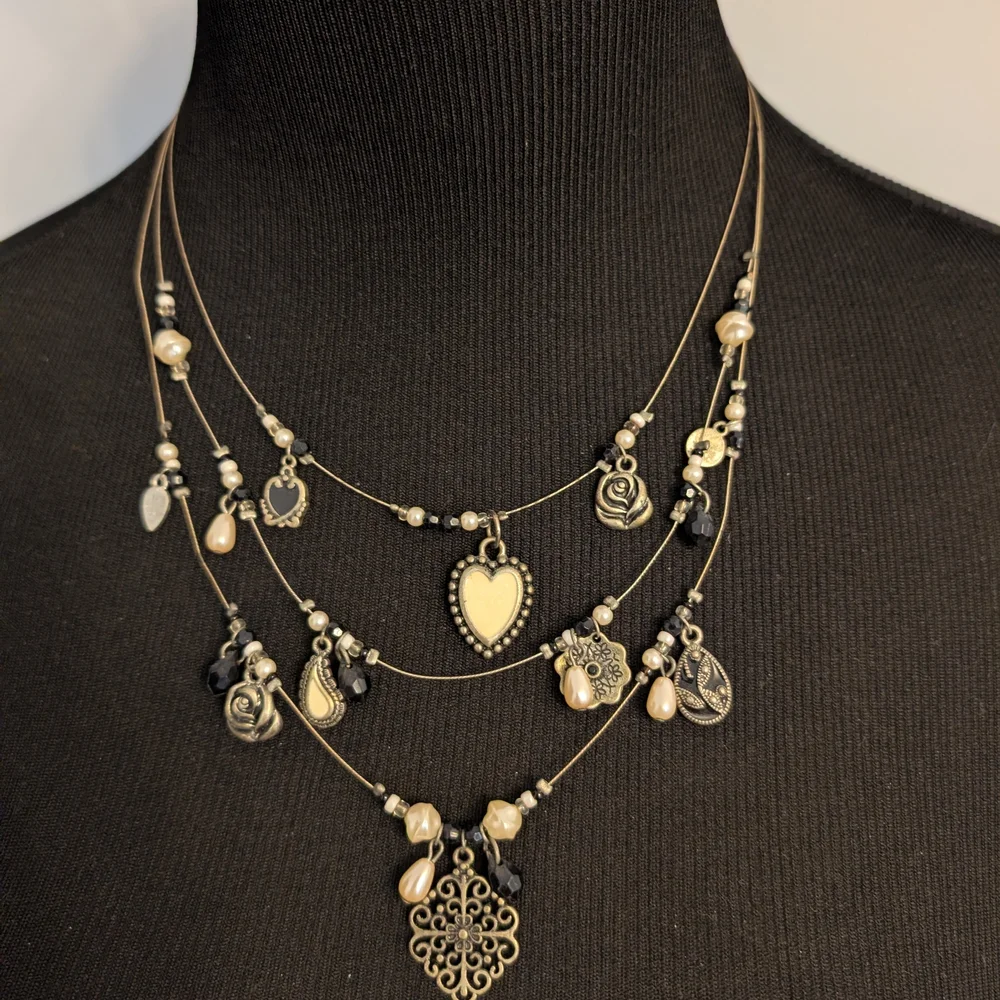 Zara Multi-Layer Black and Cream Heart Charm Necklace